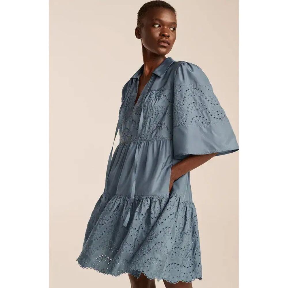 Rebecca Taylor Flutter-Sleeve Eyelet Silk Dress